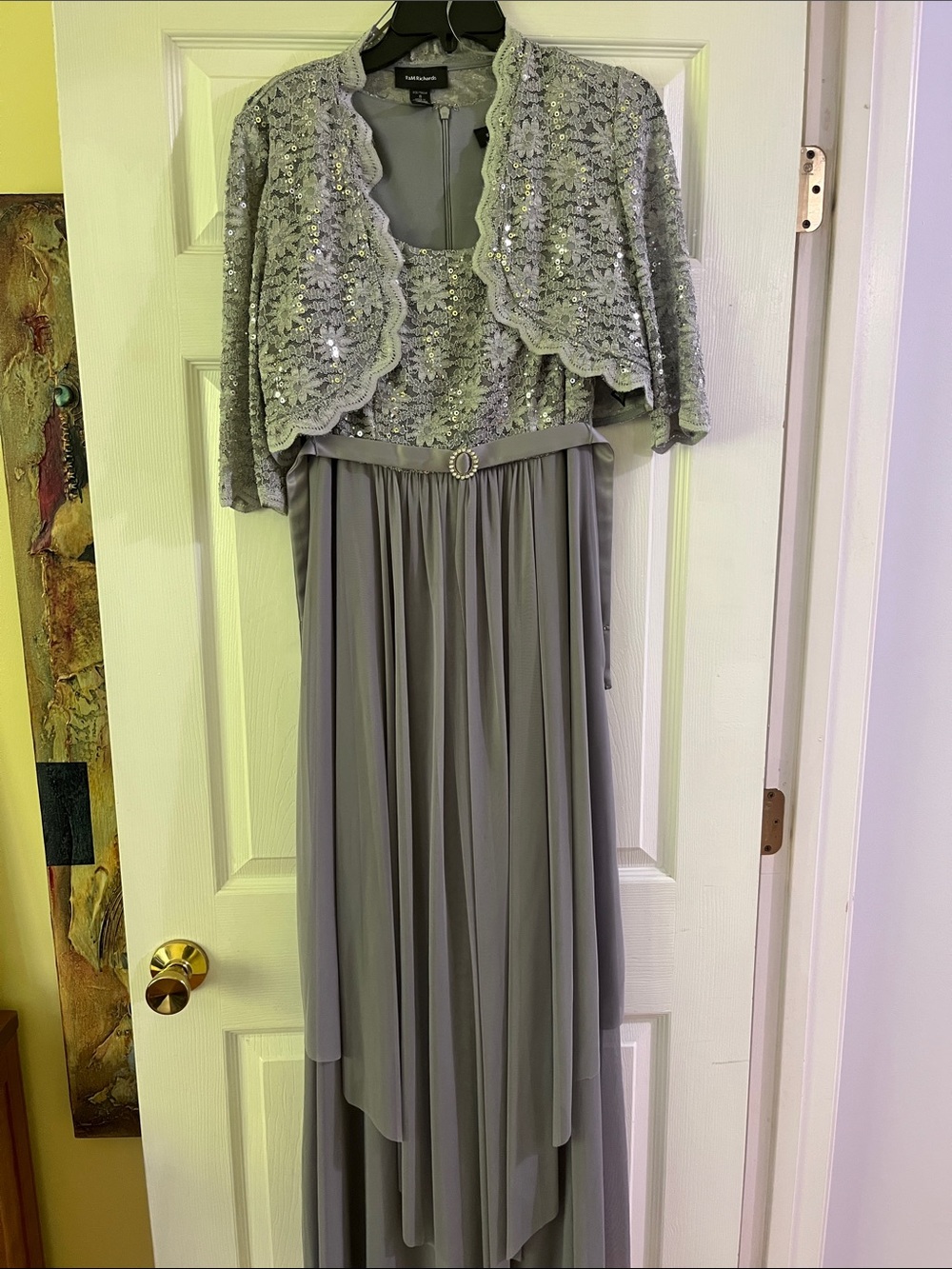 R&M Richards Silver Lace Sequin Bodice with Chiffon High-Low Skirt Dress